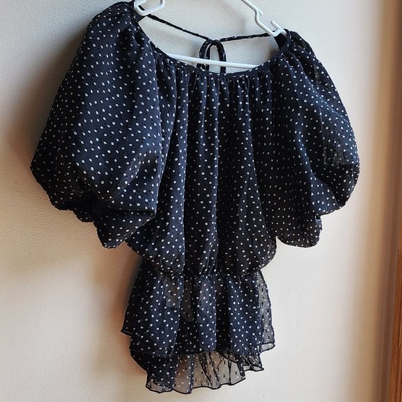 Nasty Gal Tops - Nasty Gal Black/White Polka Dot Balloon Sleeve Open Back Blouse Size 2